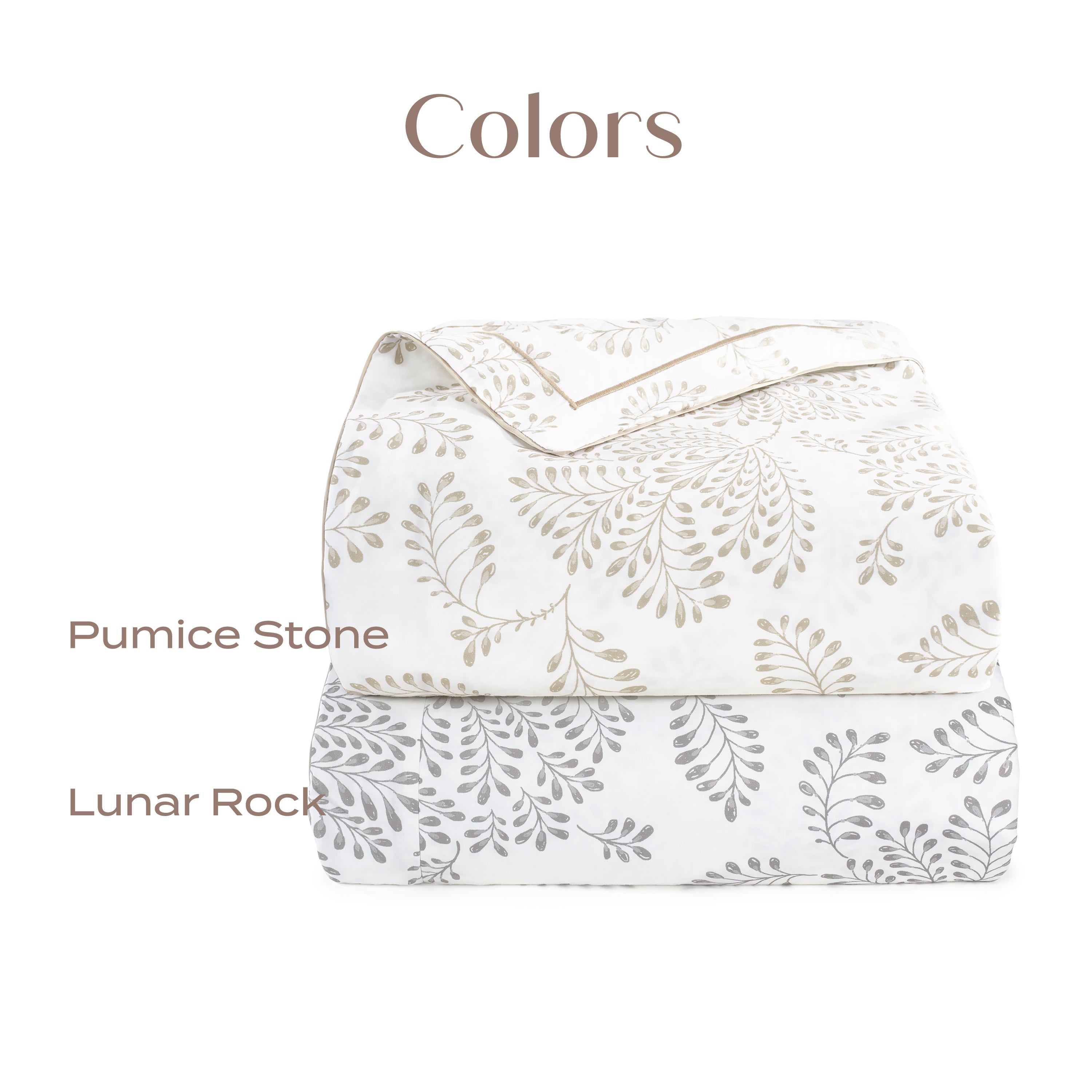 Floral-patterned quilt with 'Pumice Stone' and 'Lunar Rock' color options on a white background.
