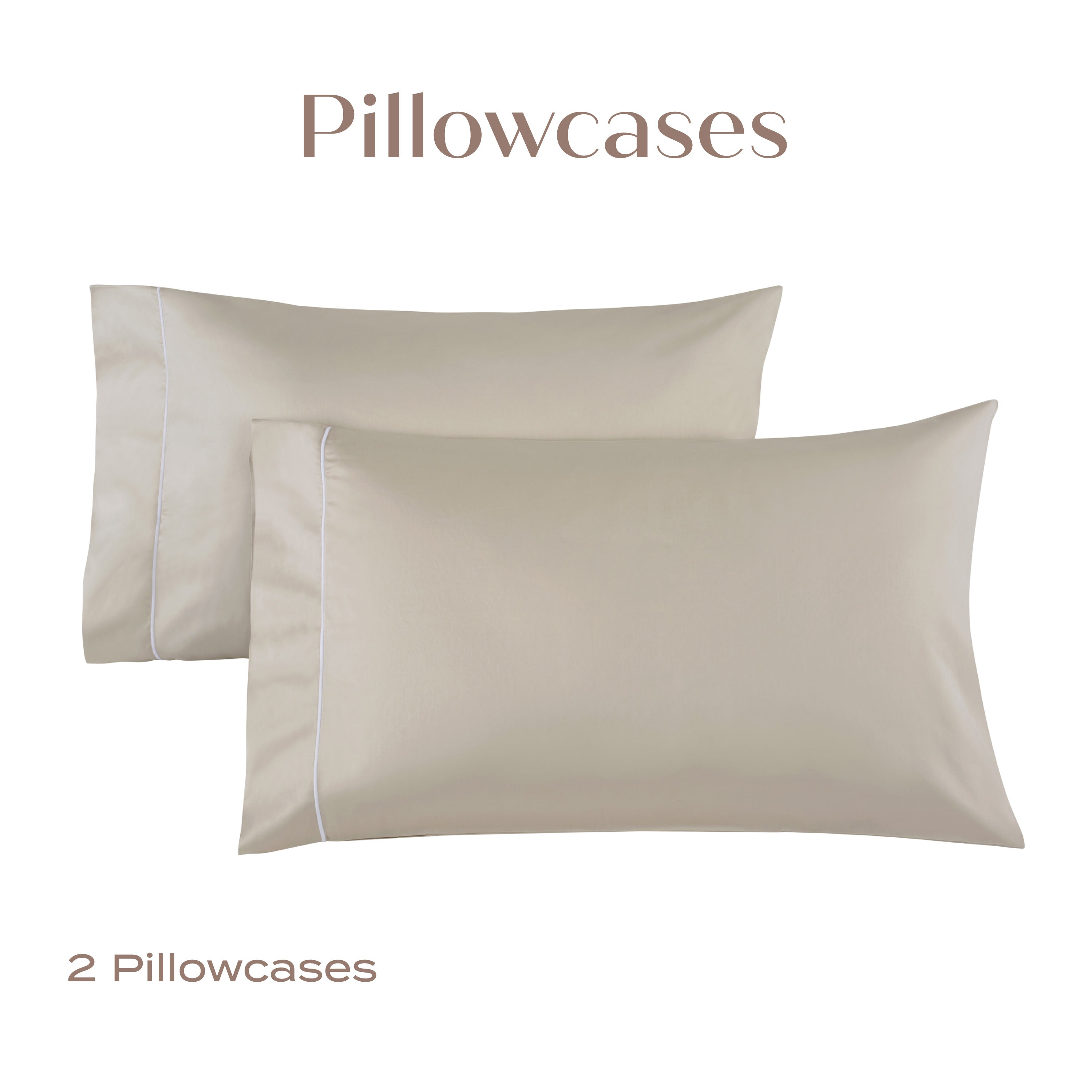 Two beige pillowcases on a white background with 'Pillowcases' text above.