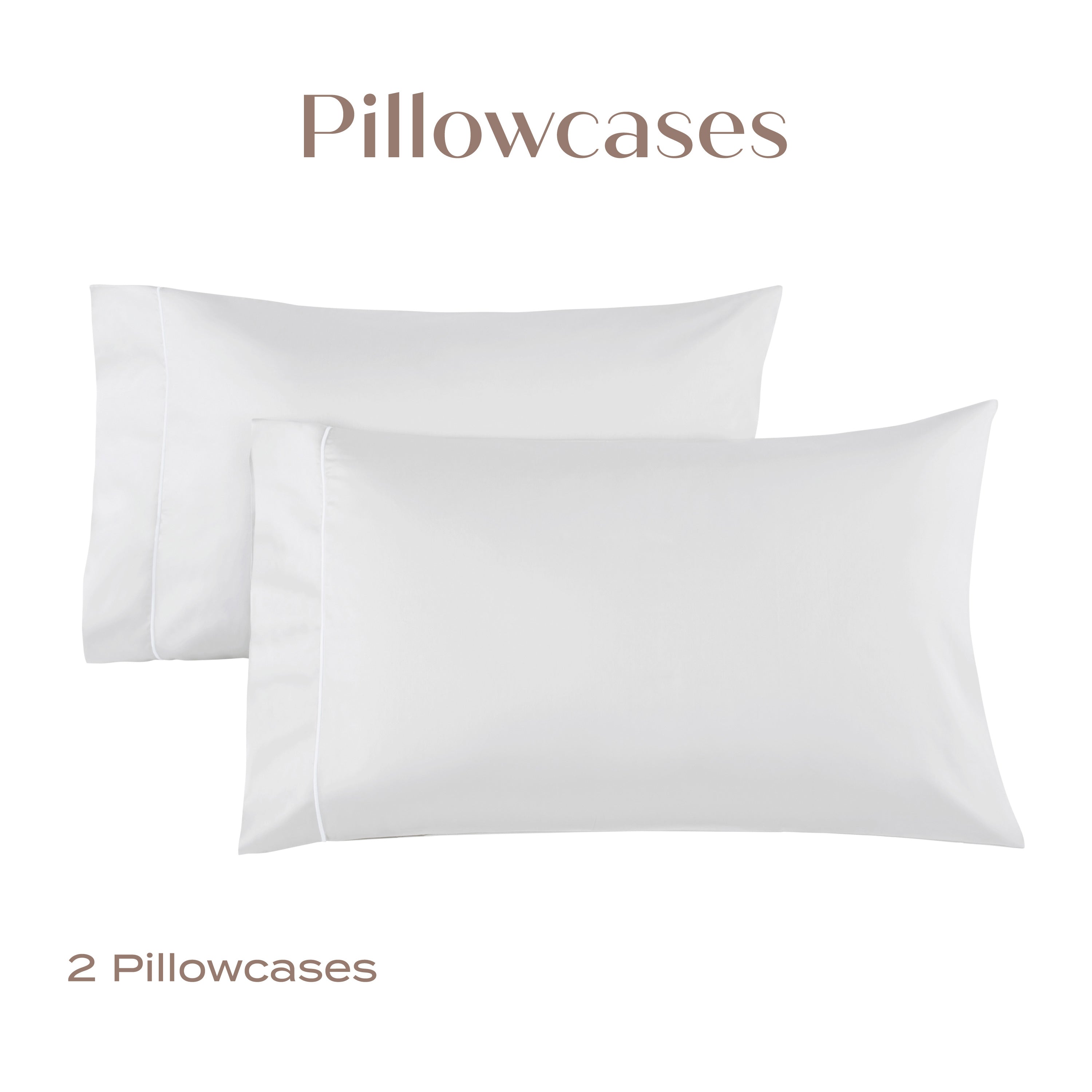 Two white pillowcases on a light beige background with 'Pillowcases' text above.