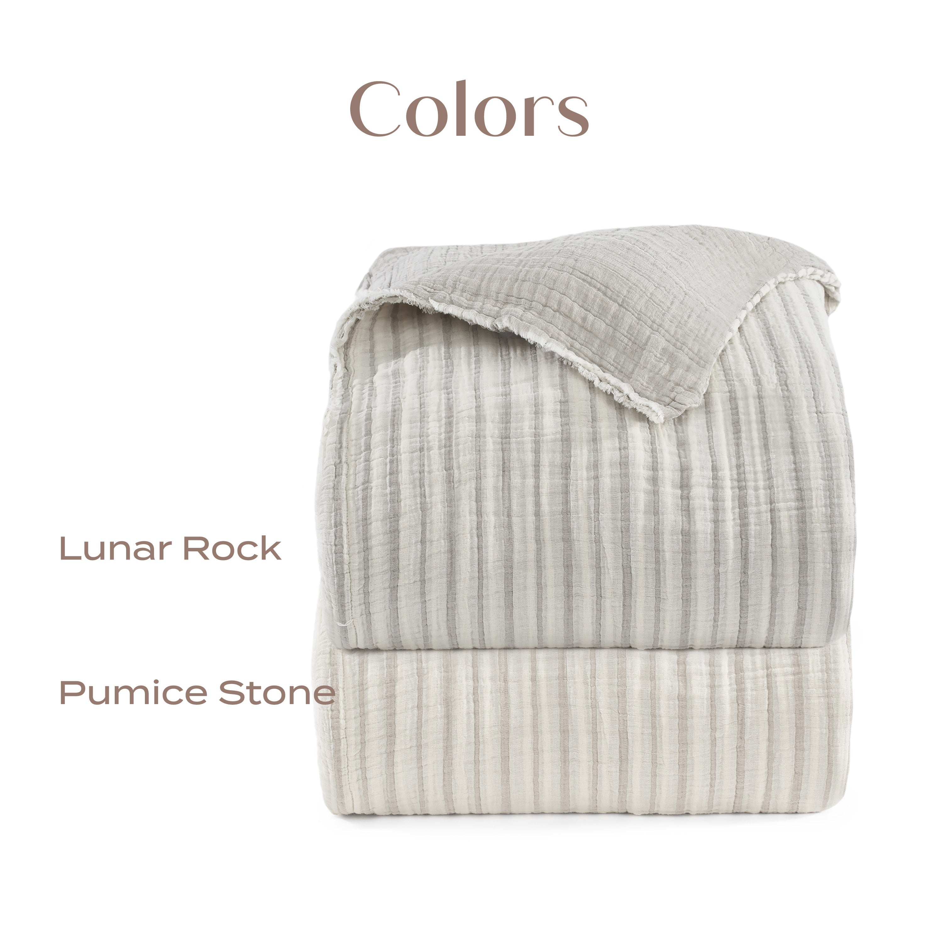 Textured blanket with 'Lunar Rock' and 'Pumice Stone' labels on a white background