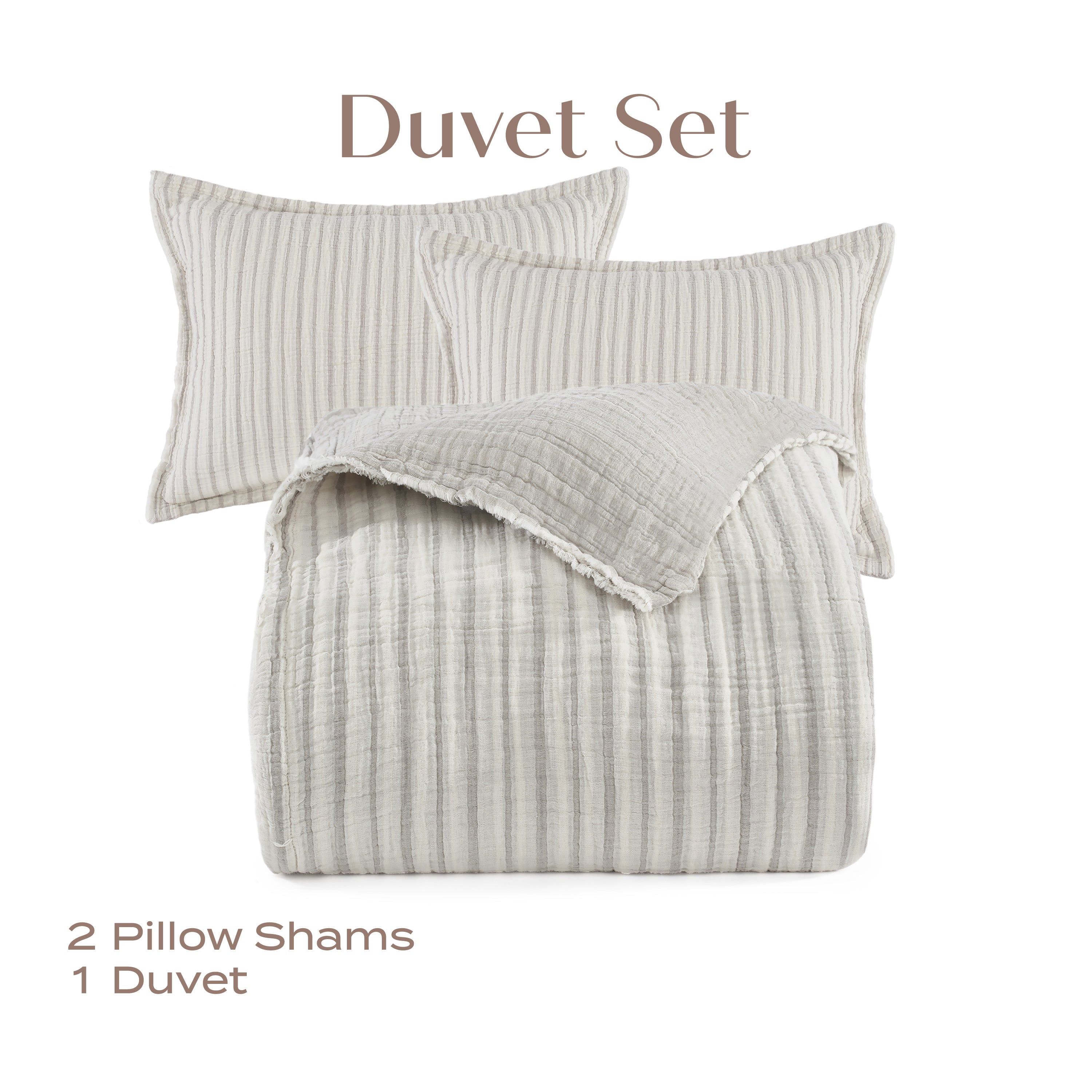 Duvet set with two pillow shams and a duvet on a white background