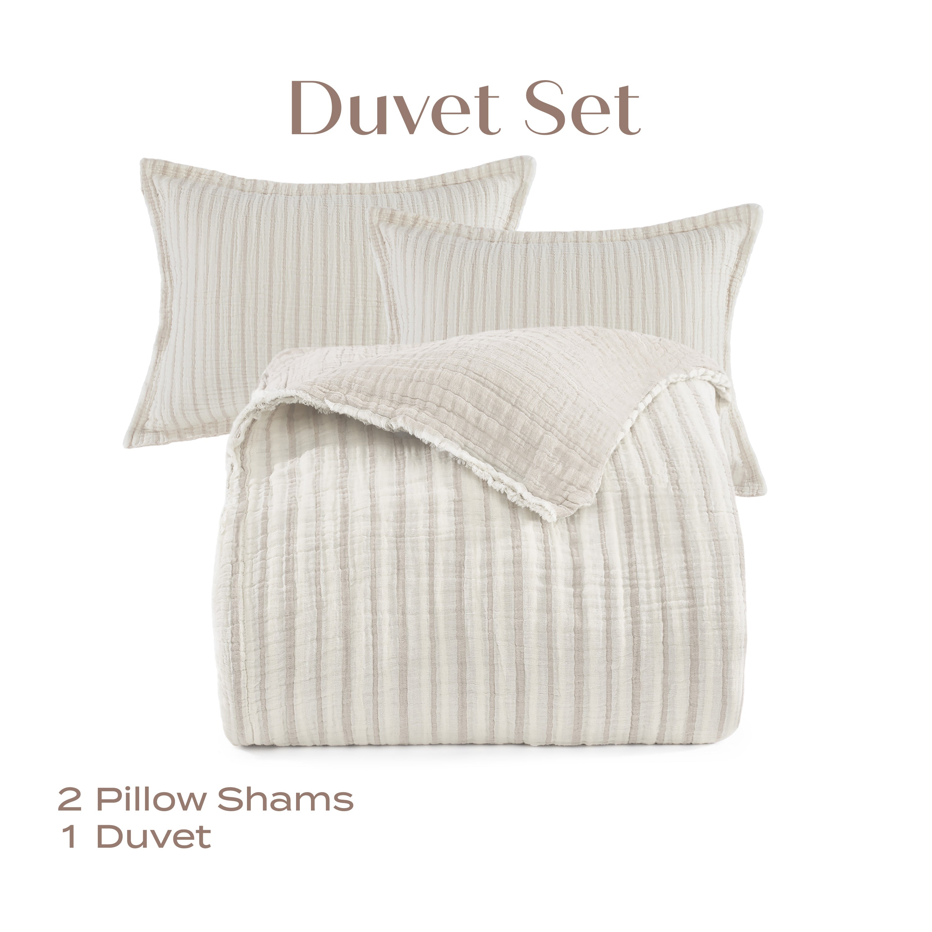 Beige duvet set with two pillow shams on a white background
