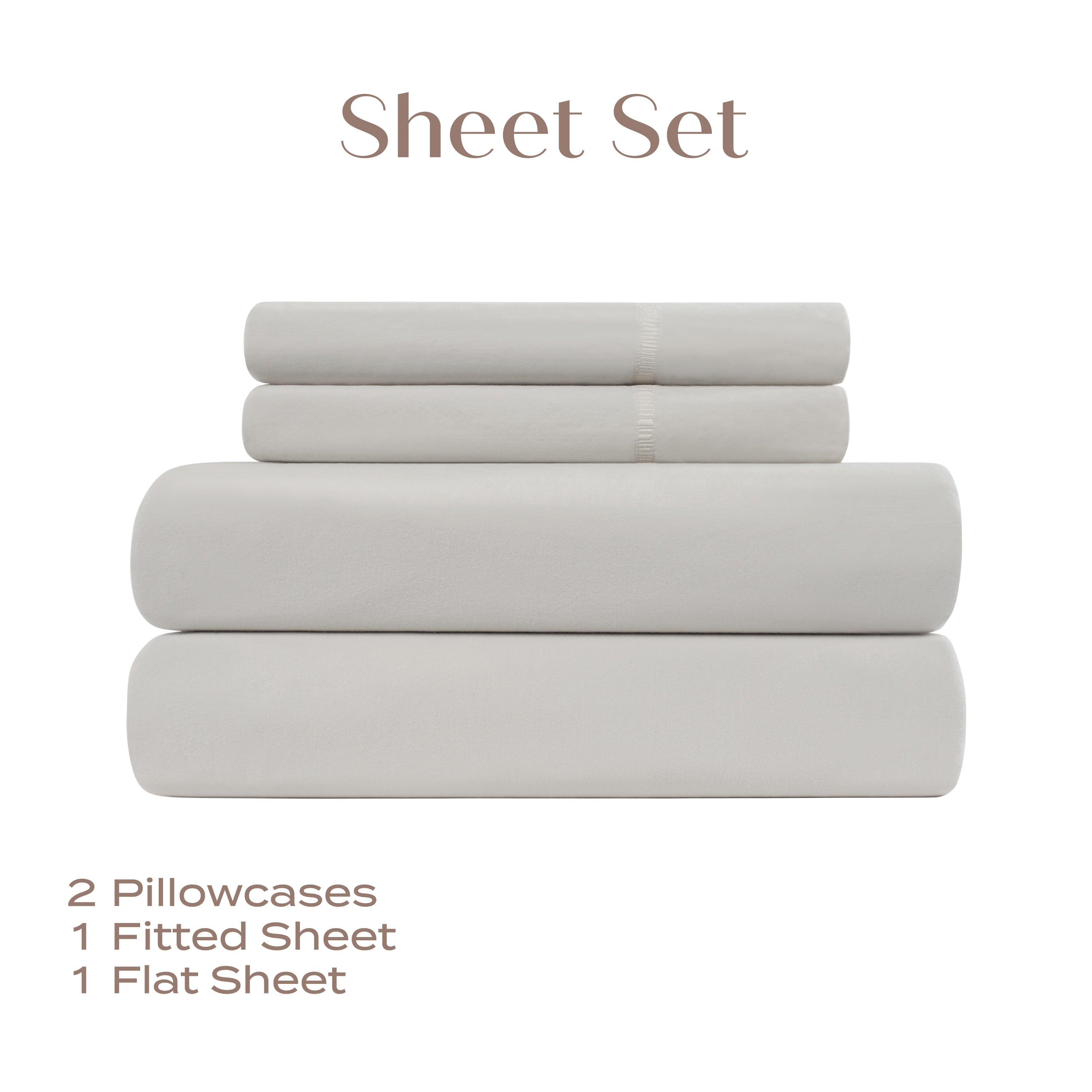 Set of light gray sheets including a fitted sheet, flat sheet, and two pillowcases on a white background.