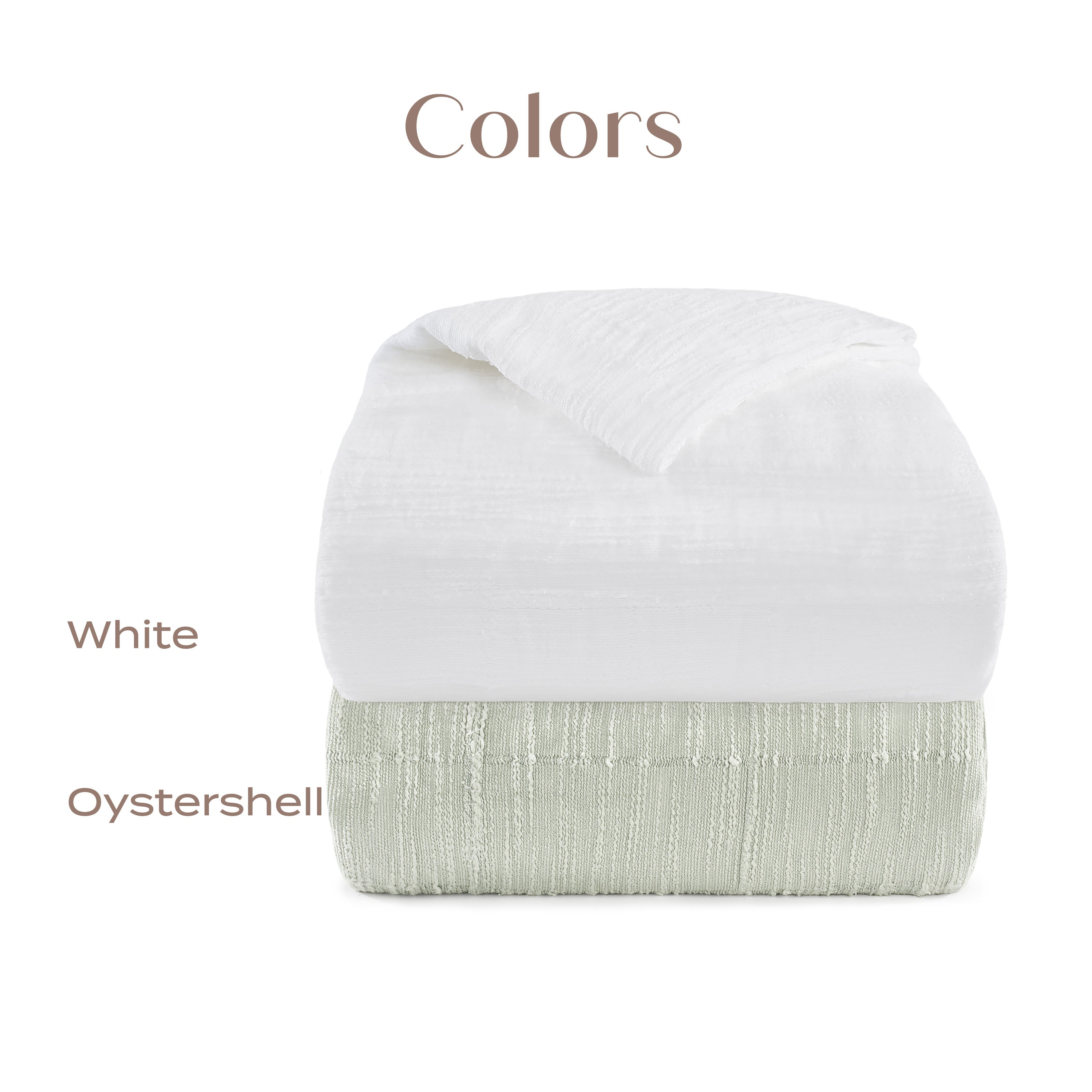 Folded fabric with 'White' and 'Oystershell' labels on a white background
