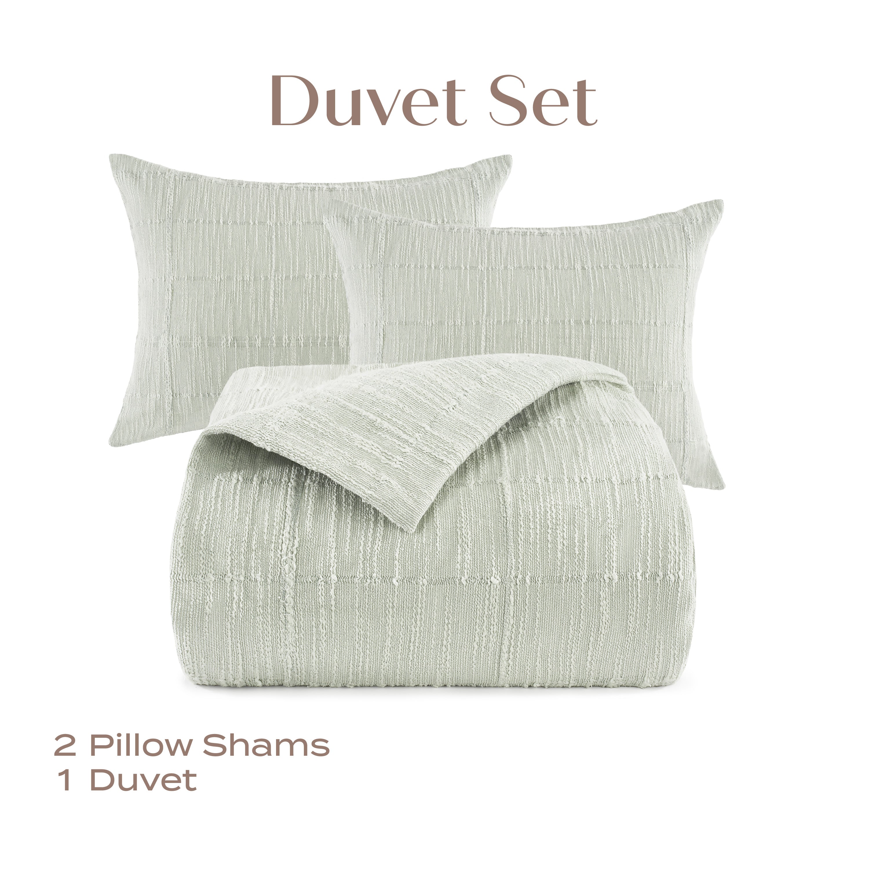 Duvet set with two pillow shams and a duvet on a white background