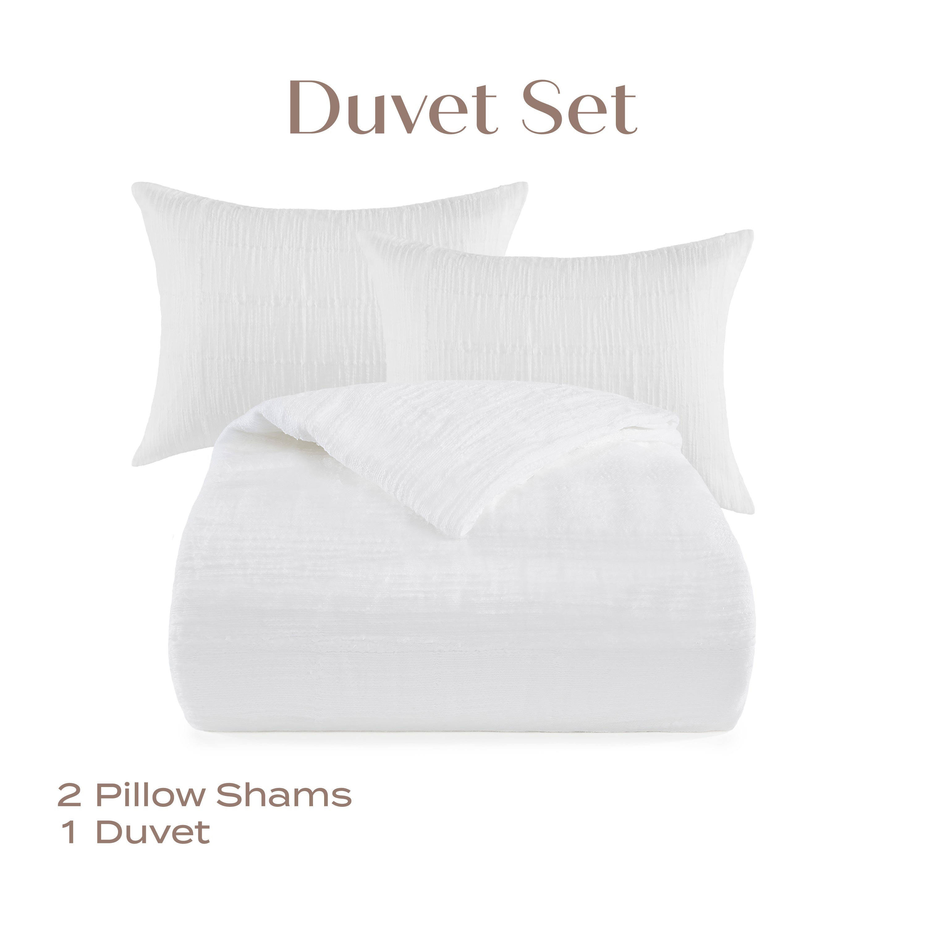 White duvet set with two pillow shams on a white background