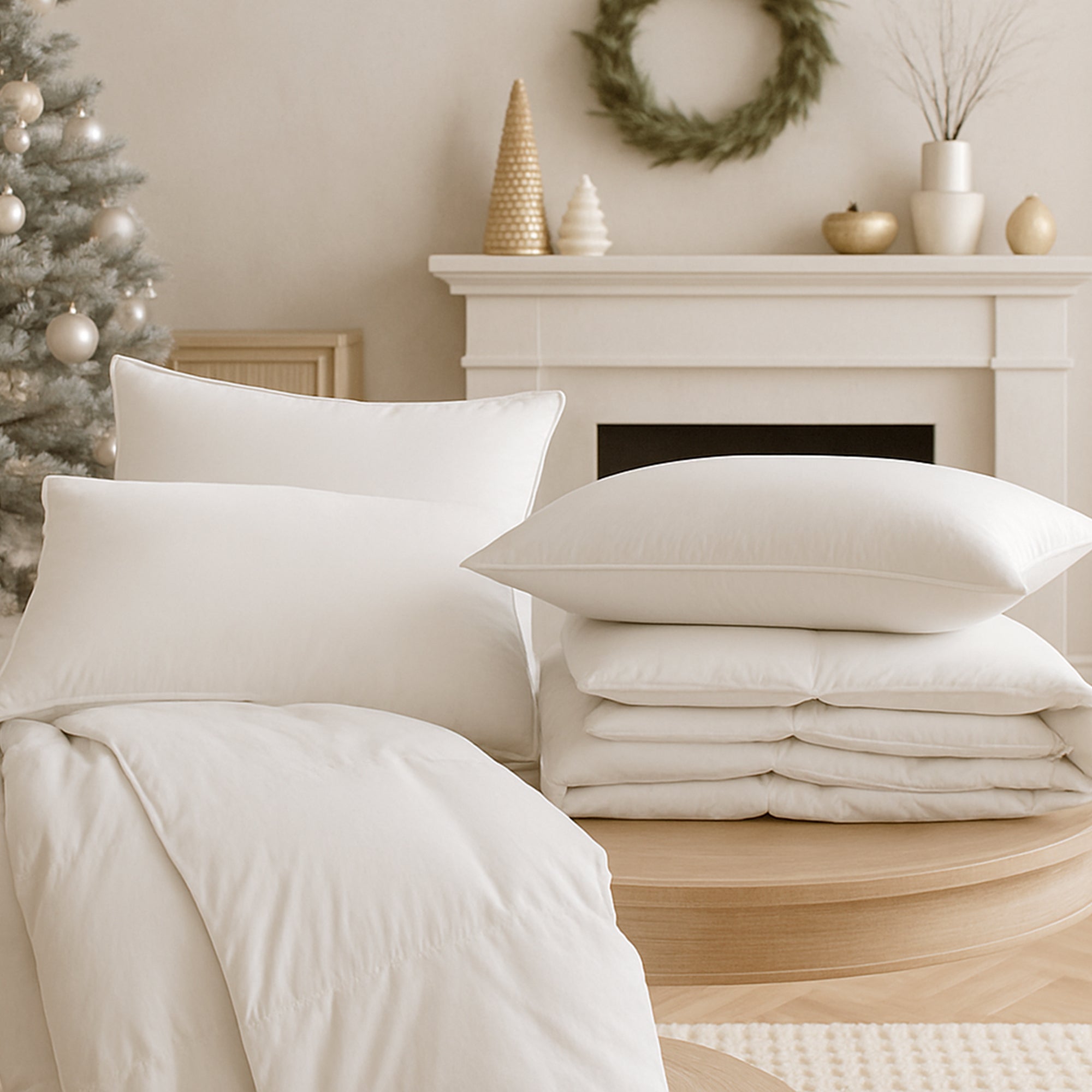 White pillows and duvet on a bed with a fireplace and Christmas decorations in the background