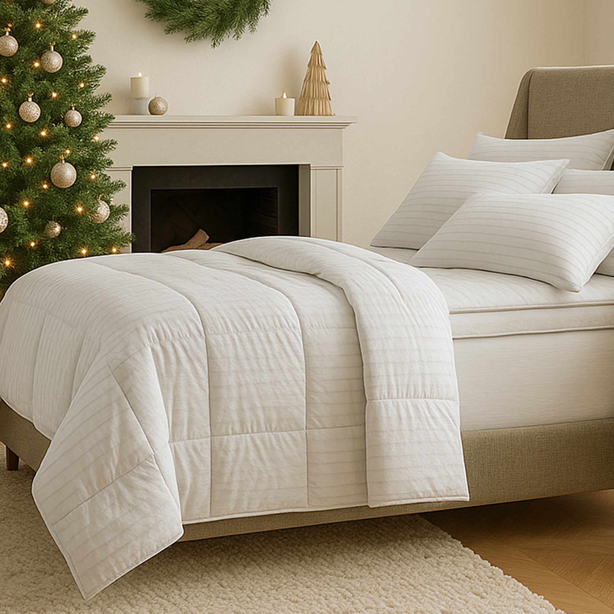 Bedroom with a bed covered in white bedding, a Christmas tree, and a fireplace.