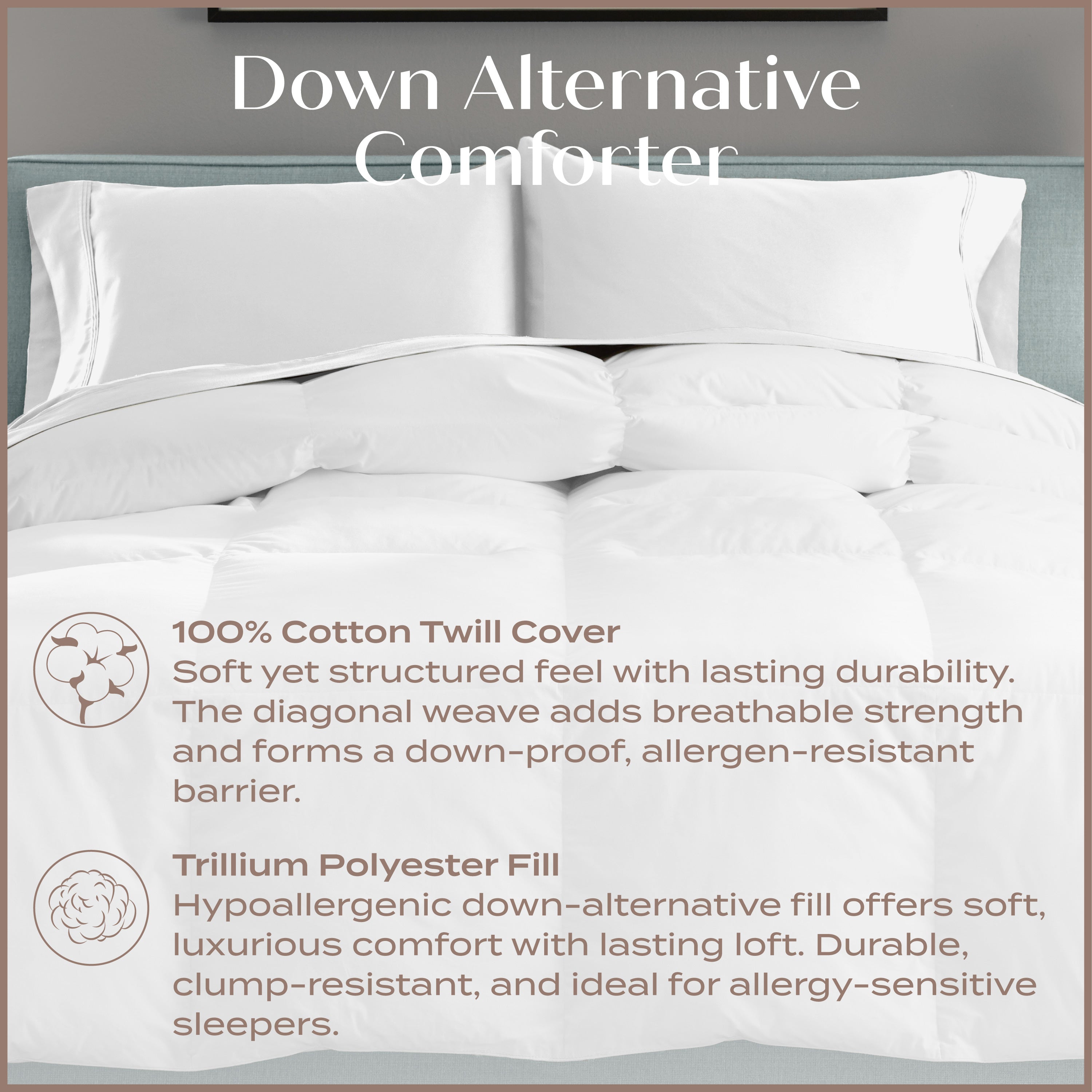 White bedding set with text about down alternative comforter features
