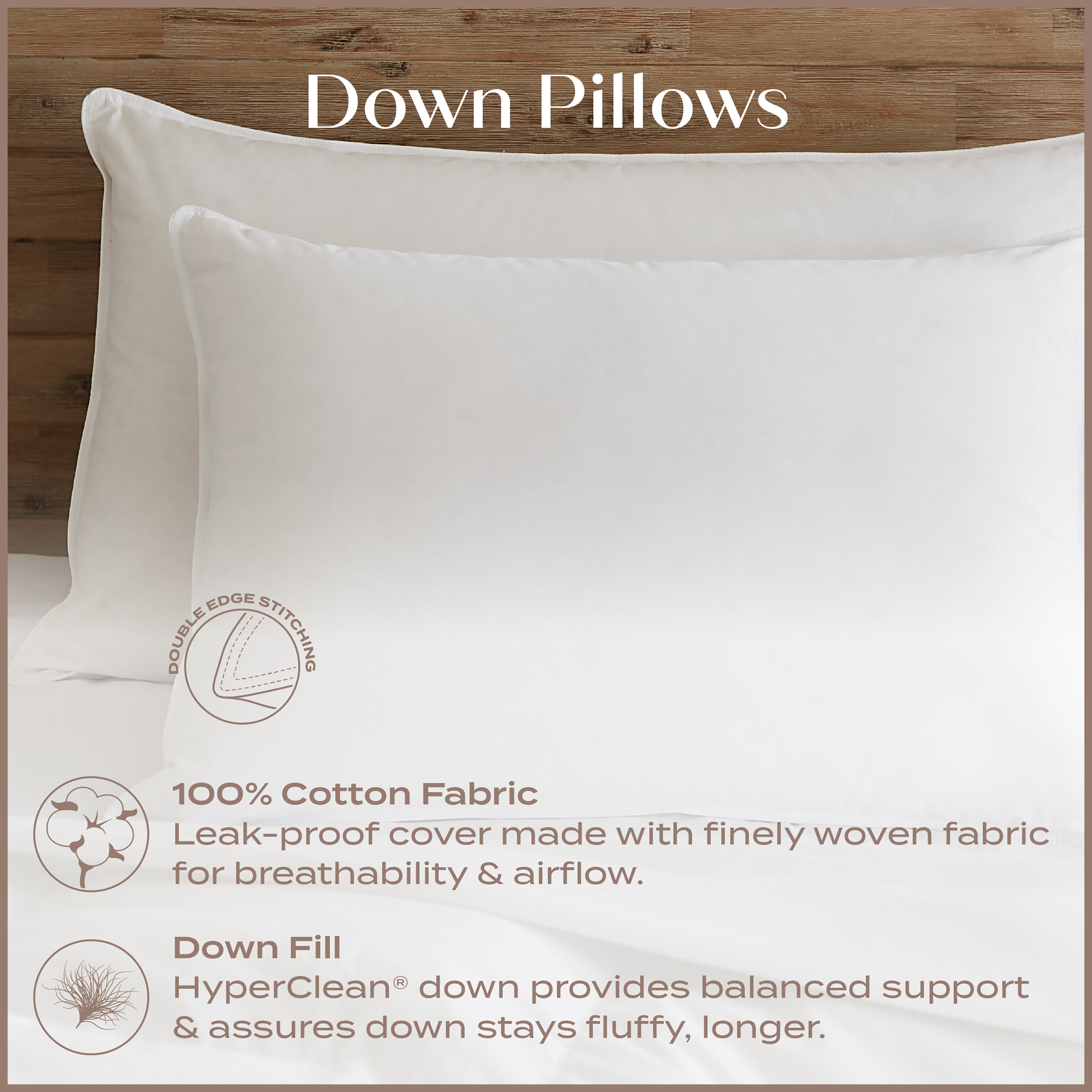 White pillows with text describing features on a wooden background