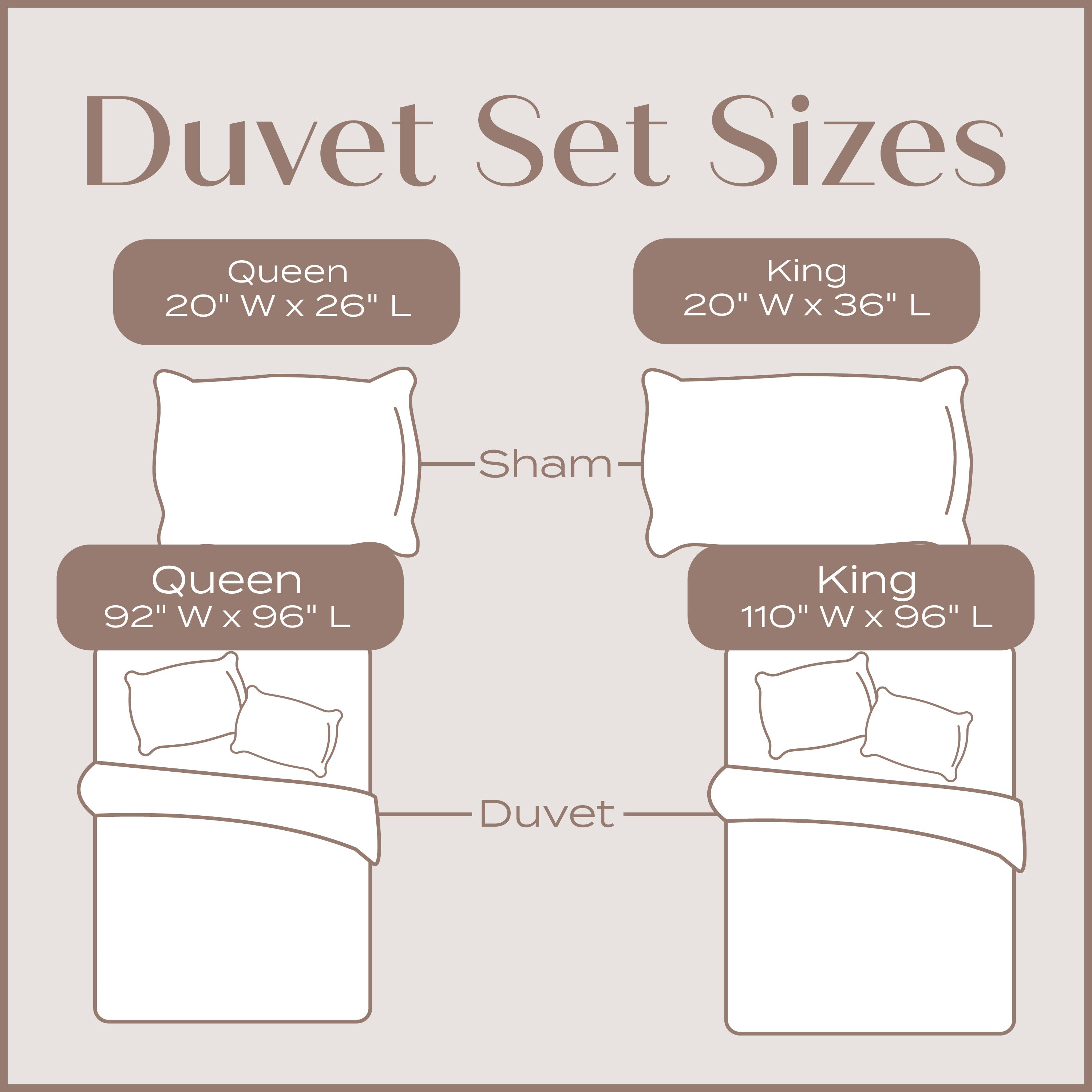 Diagram showing the dimensions of queen and king duvet sets and shams.