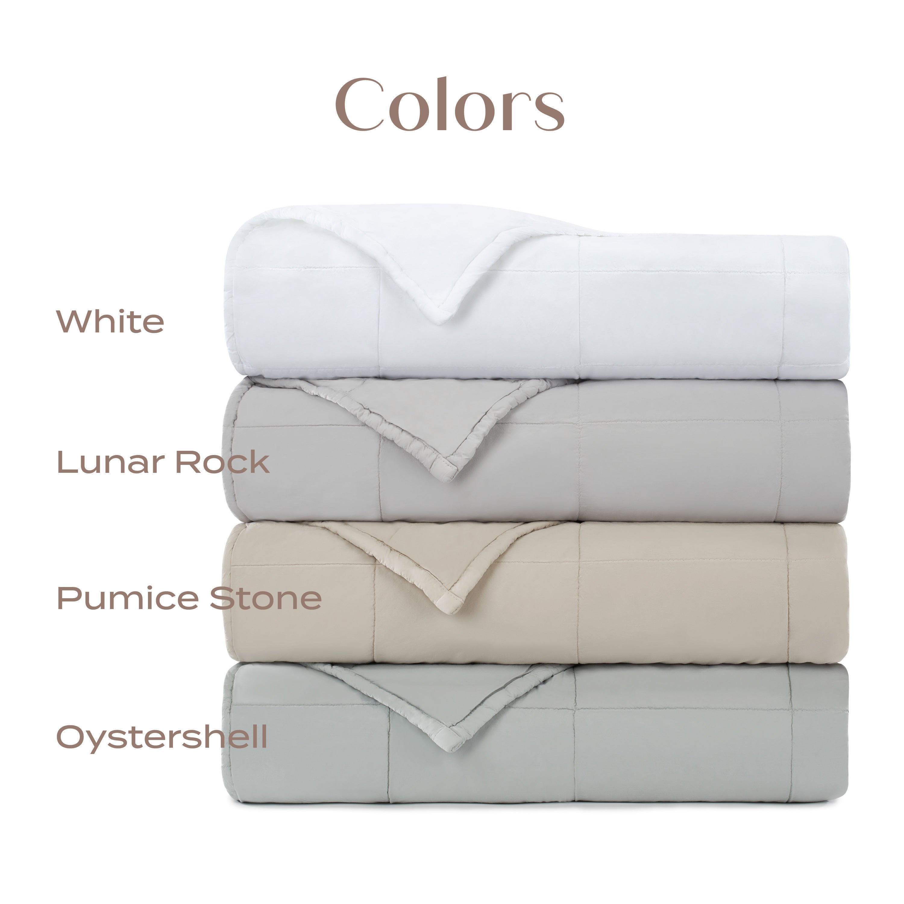 Stack of folded blankets in different colors with color names below on a white background