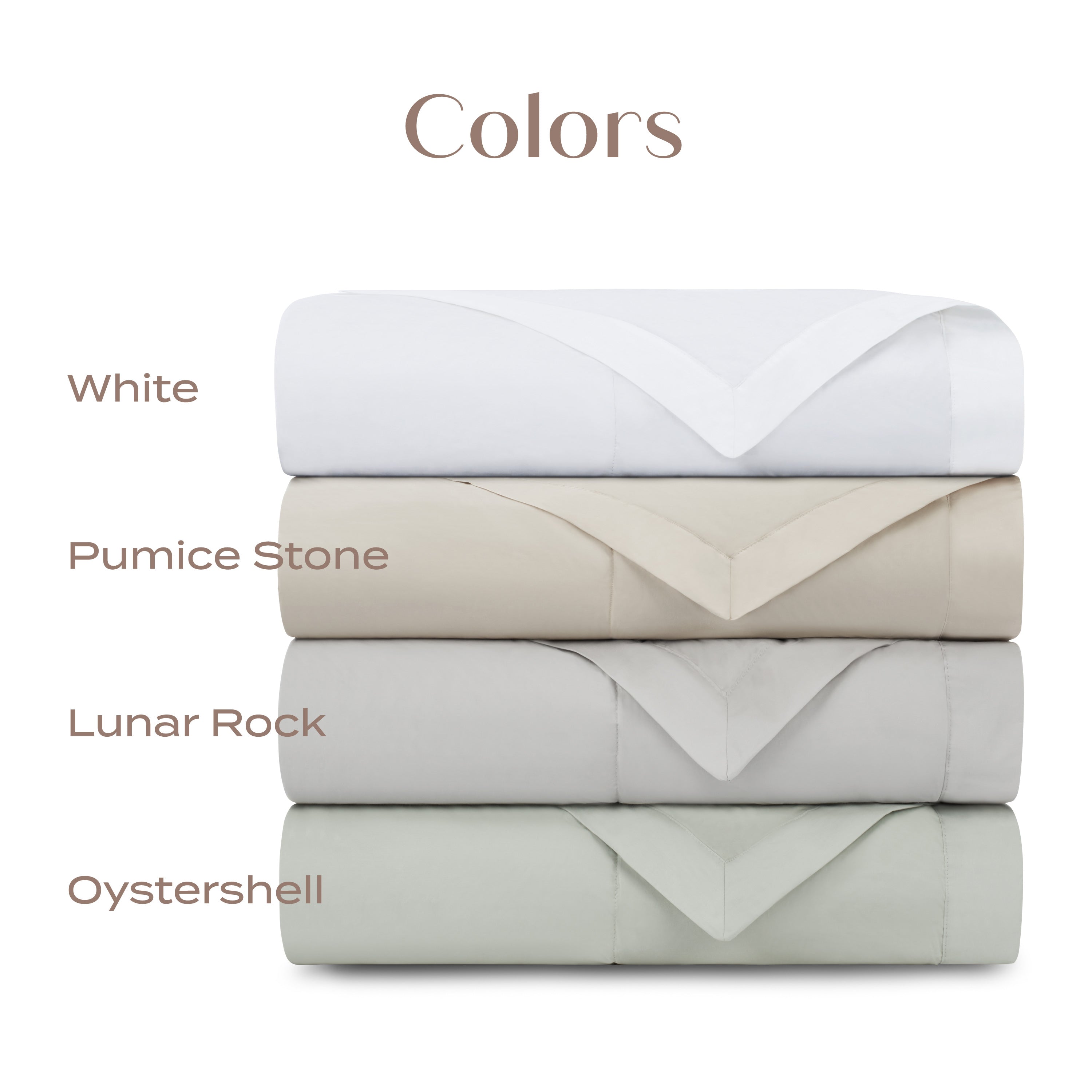 Stack of folded bedding in four different colors on a white background