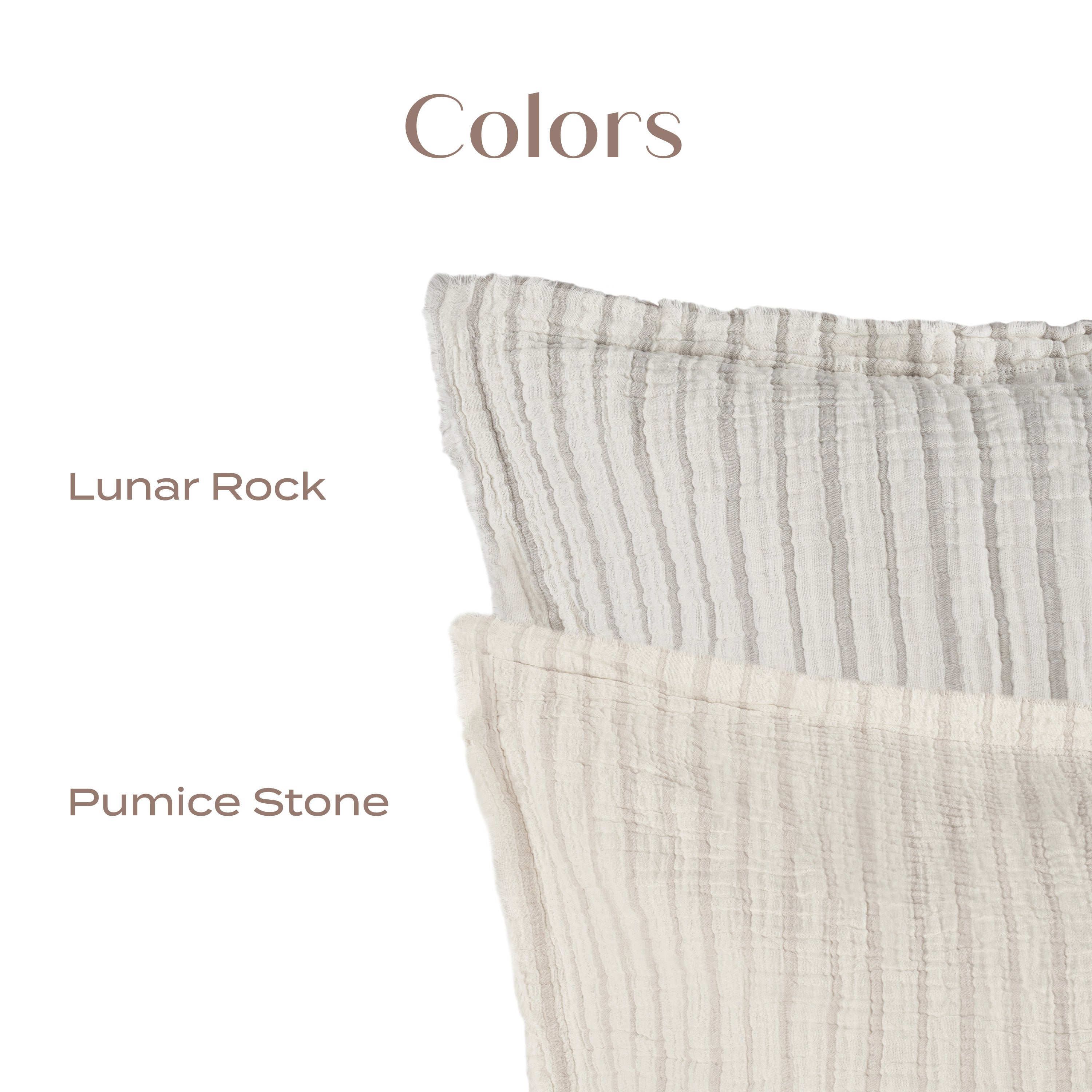 Two fabric swatches labeled 'Lunar Rock' and 'Pumice Stone' on a white background.