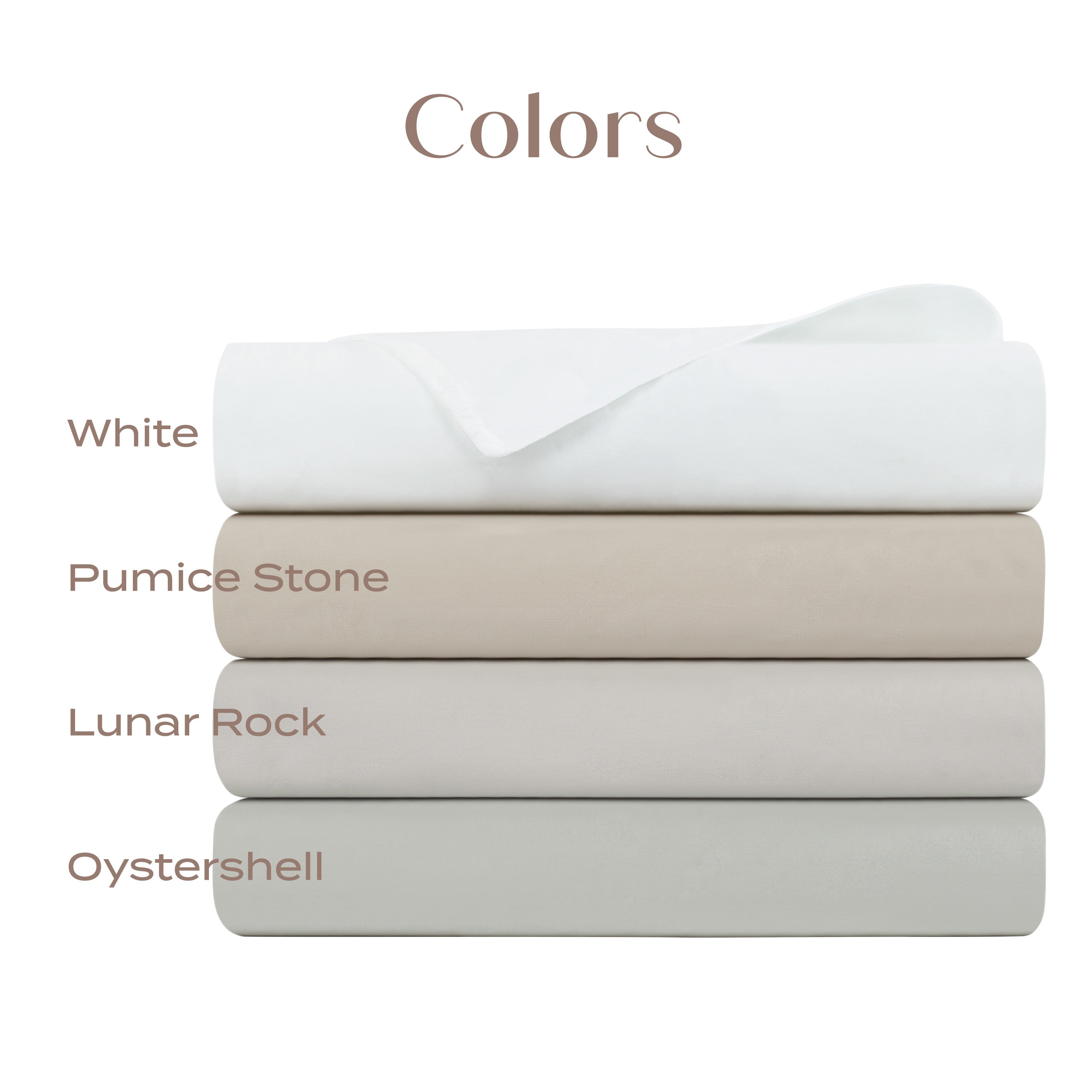 Stack of folded sheets in four colors with labels on a white background