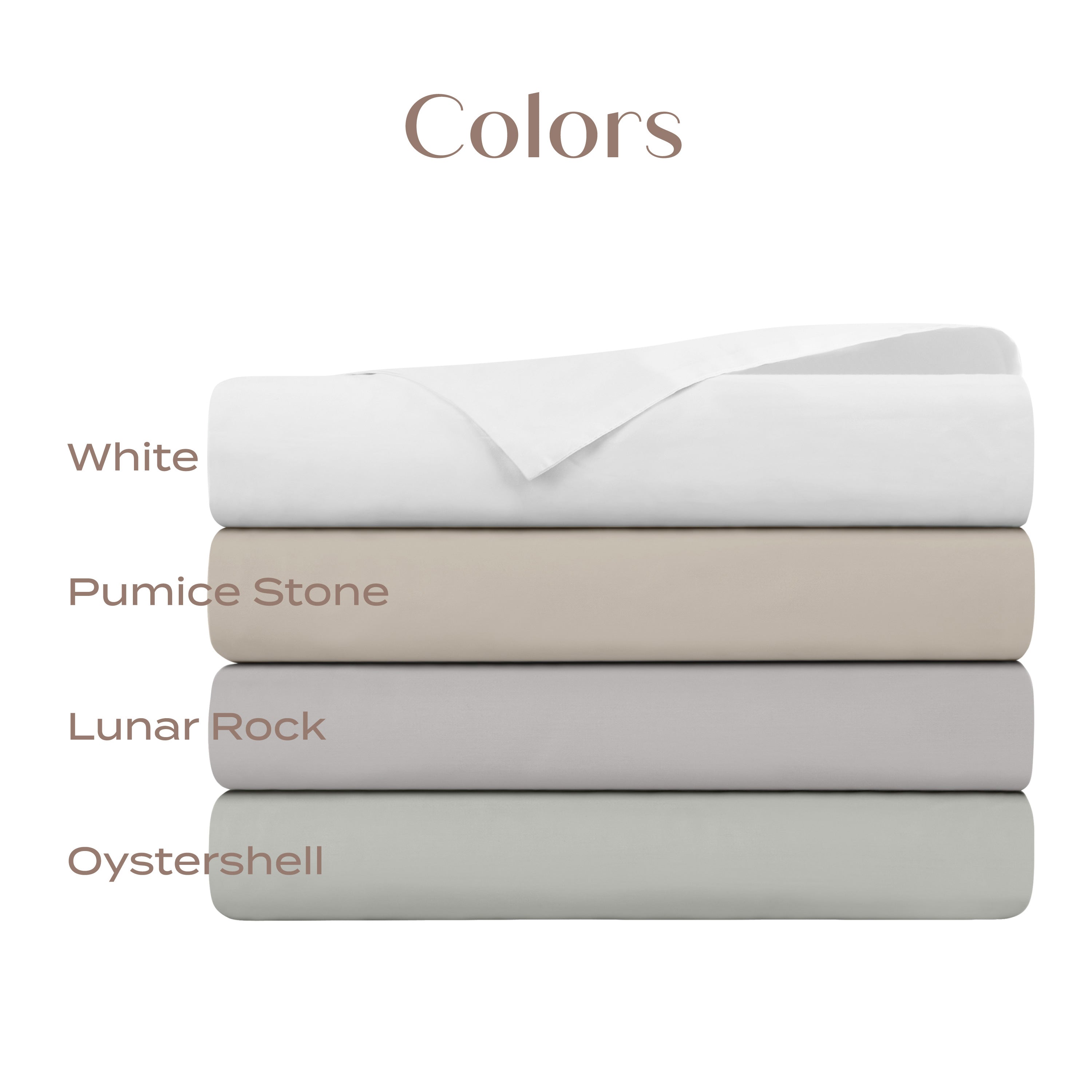 Stack of folded sheets in four colors, White, Pumice Stone, Lunar Rock and Oystershell with labels on a white background
