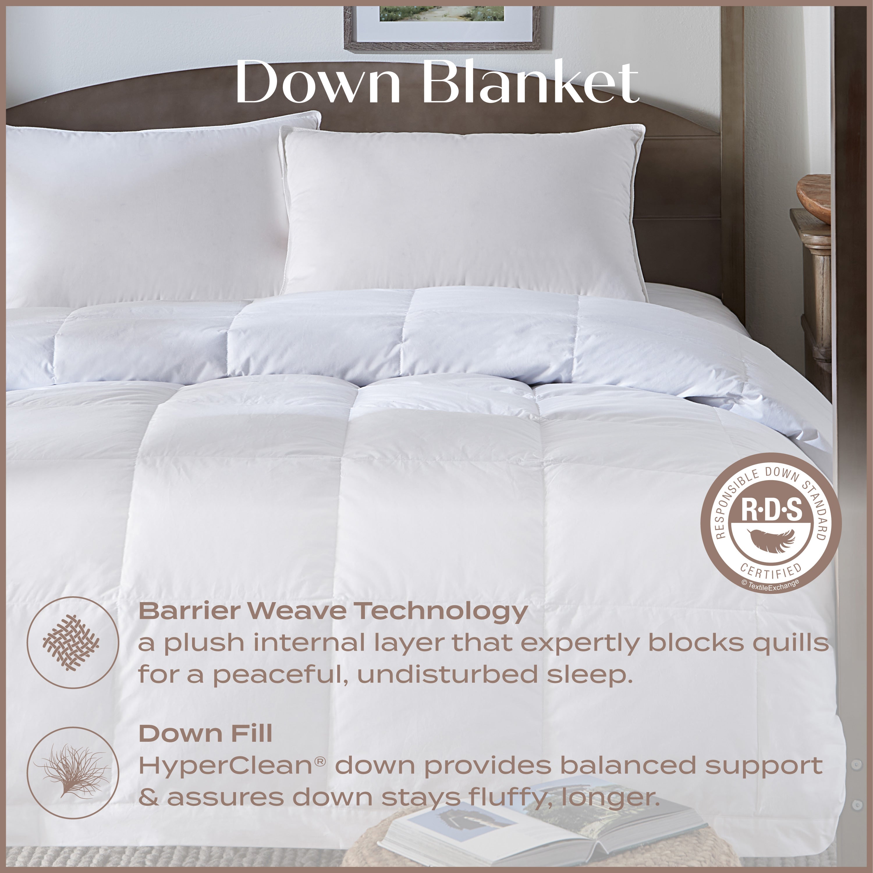 White down blanket on a bed with RDS certification logo and text about barrier weave technology and hyperclean down.