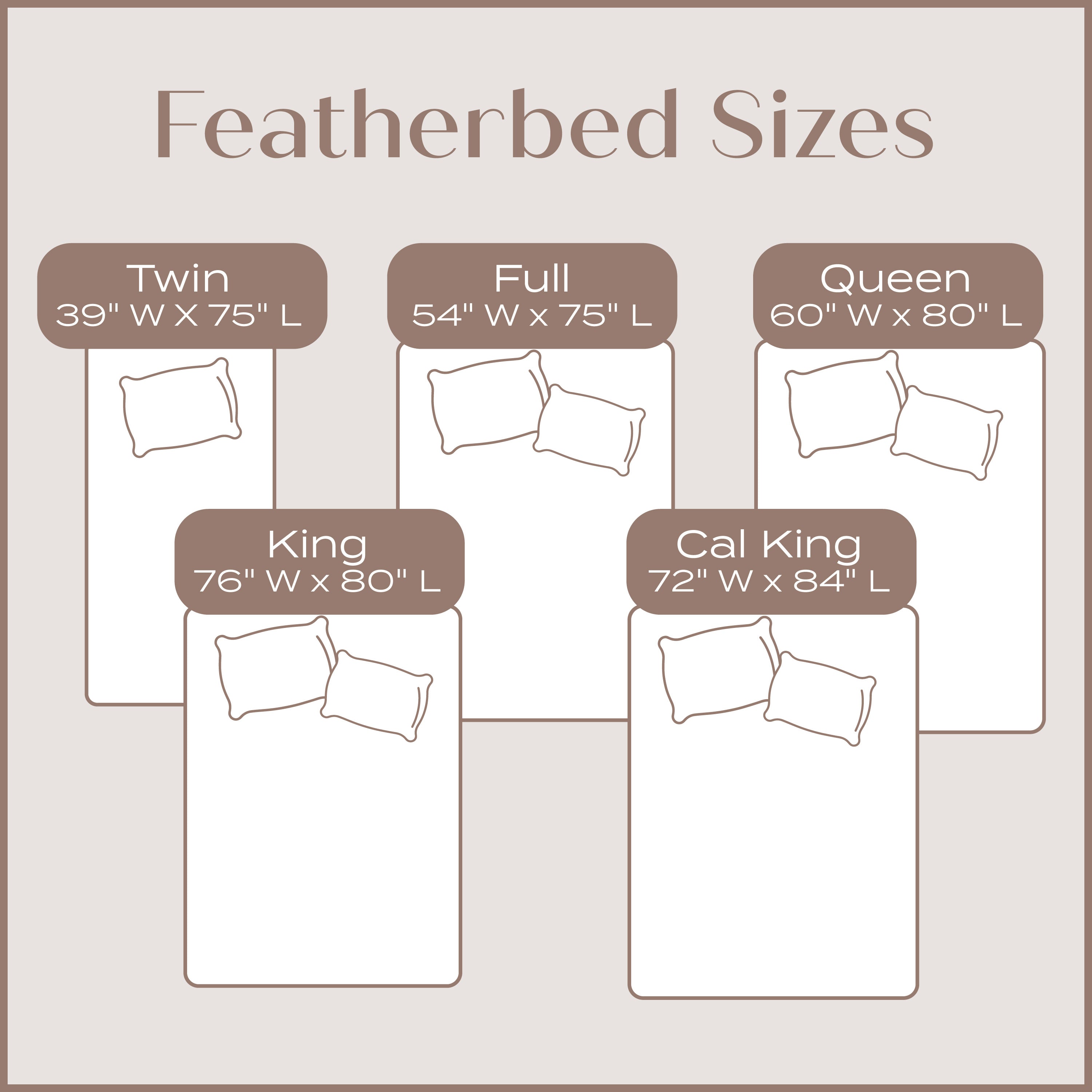 Chart showing different featherbed sizes with dimensions