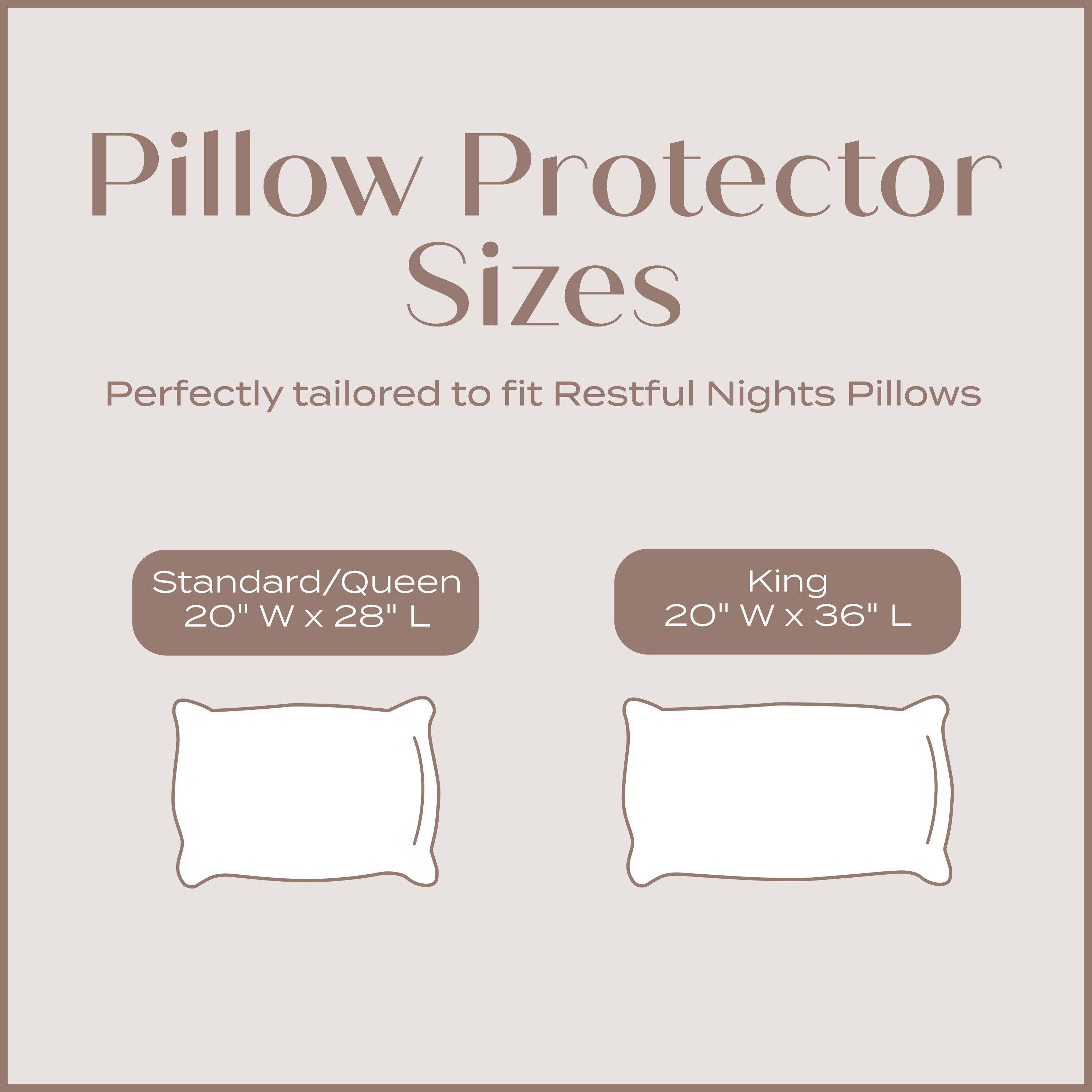 Chart showing pillow protector sizes for Standard/Queen and King pillows on a beige background.