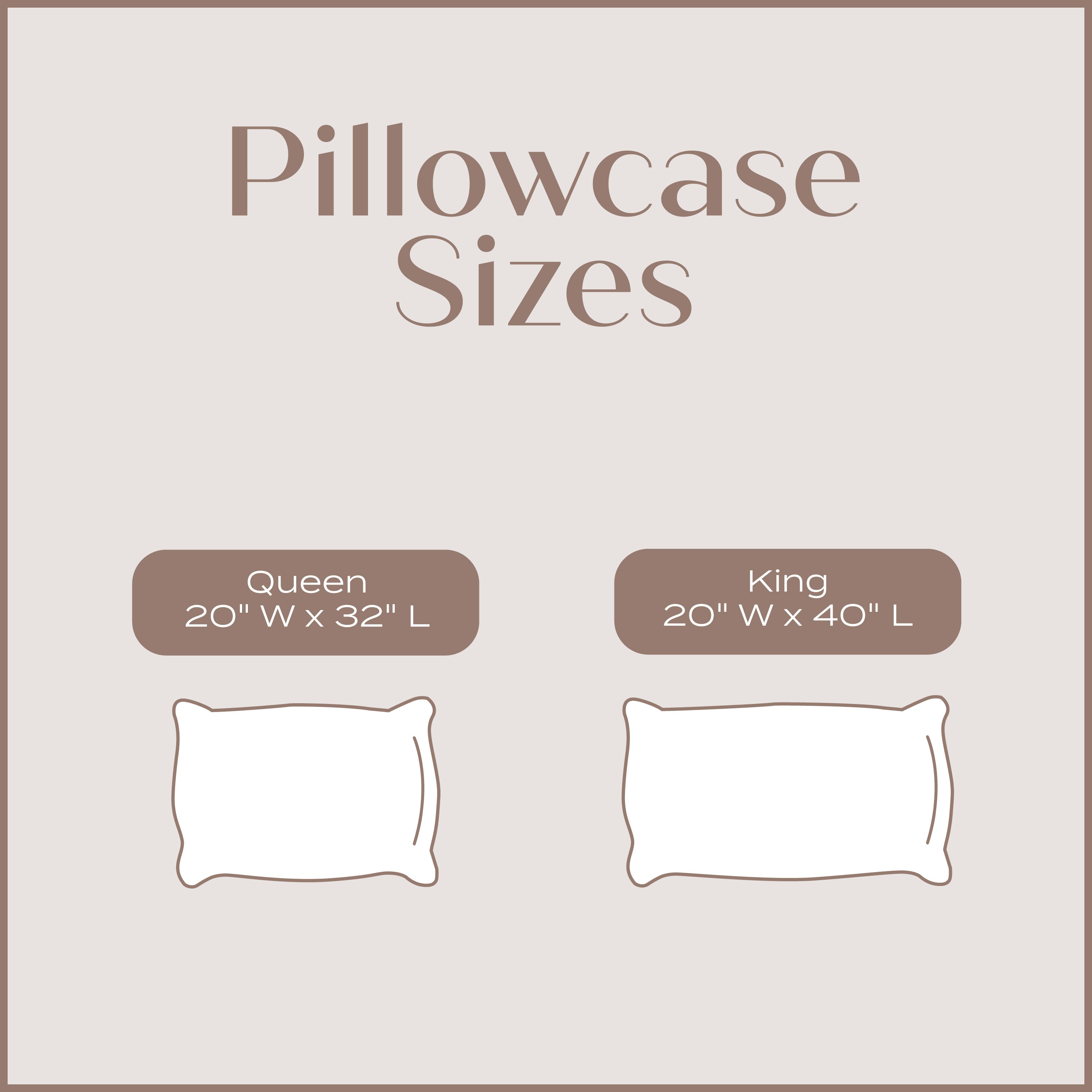 Chart comparing Queen and King pillowcase sizes on a beige background