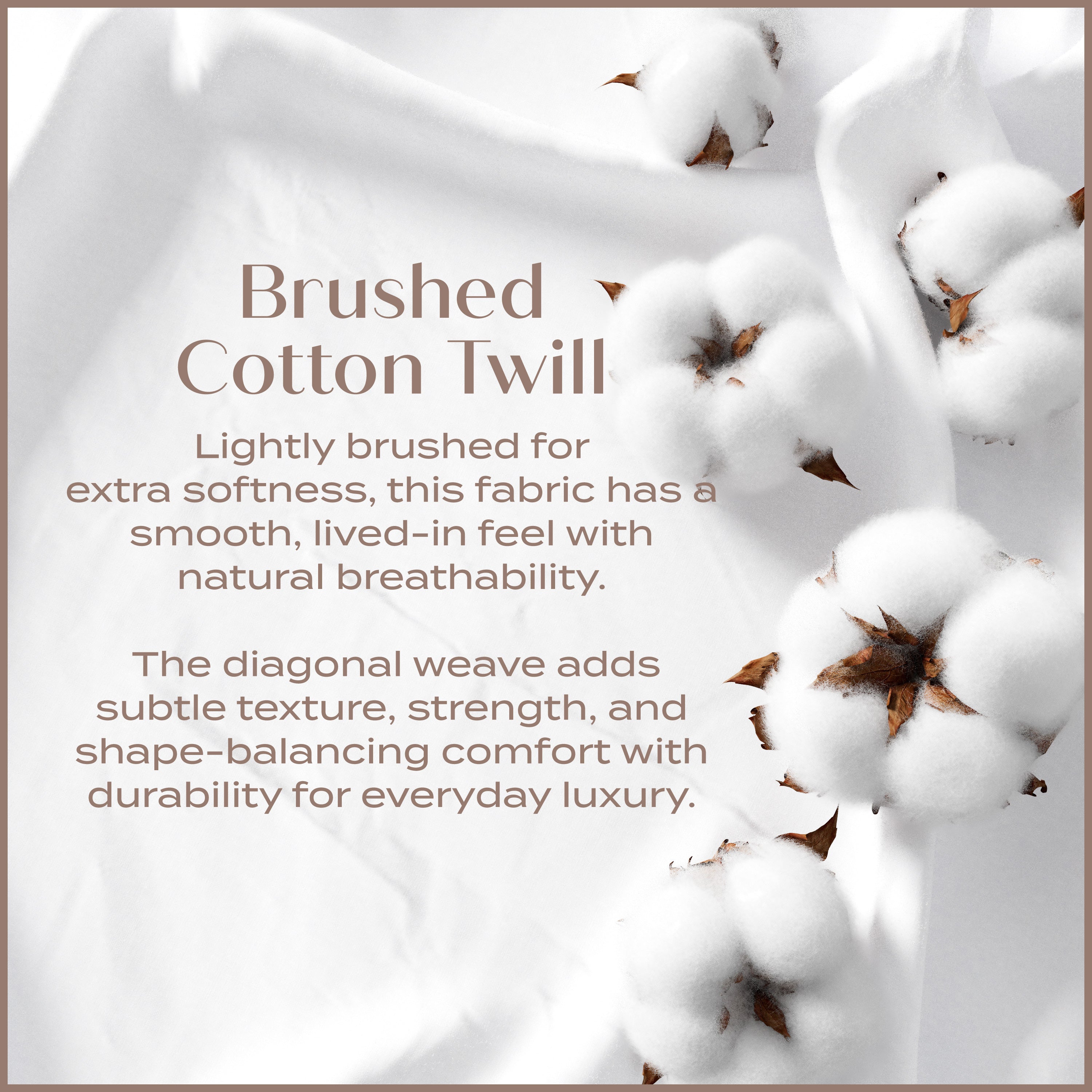 Text about brushed cotton twill fabric with cotton bolls in the background
