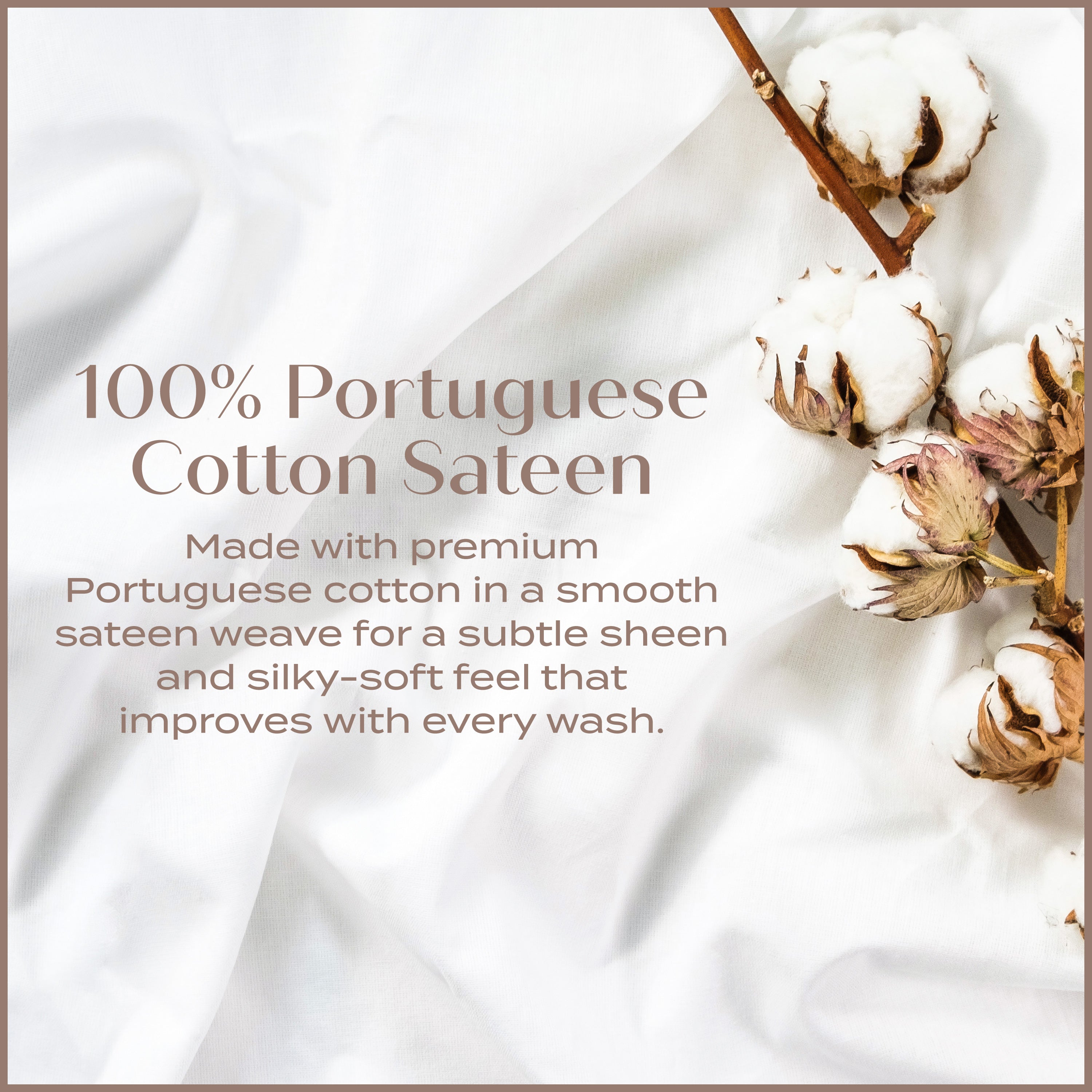 Text about 100% Portuguese Cotton Sateen fabric with cotton buds on a white background.