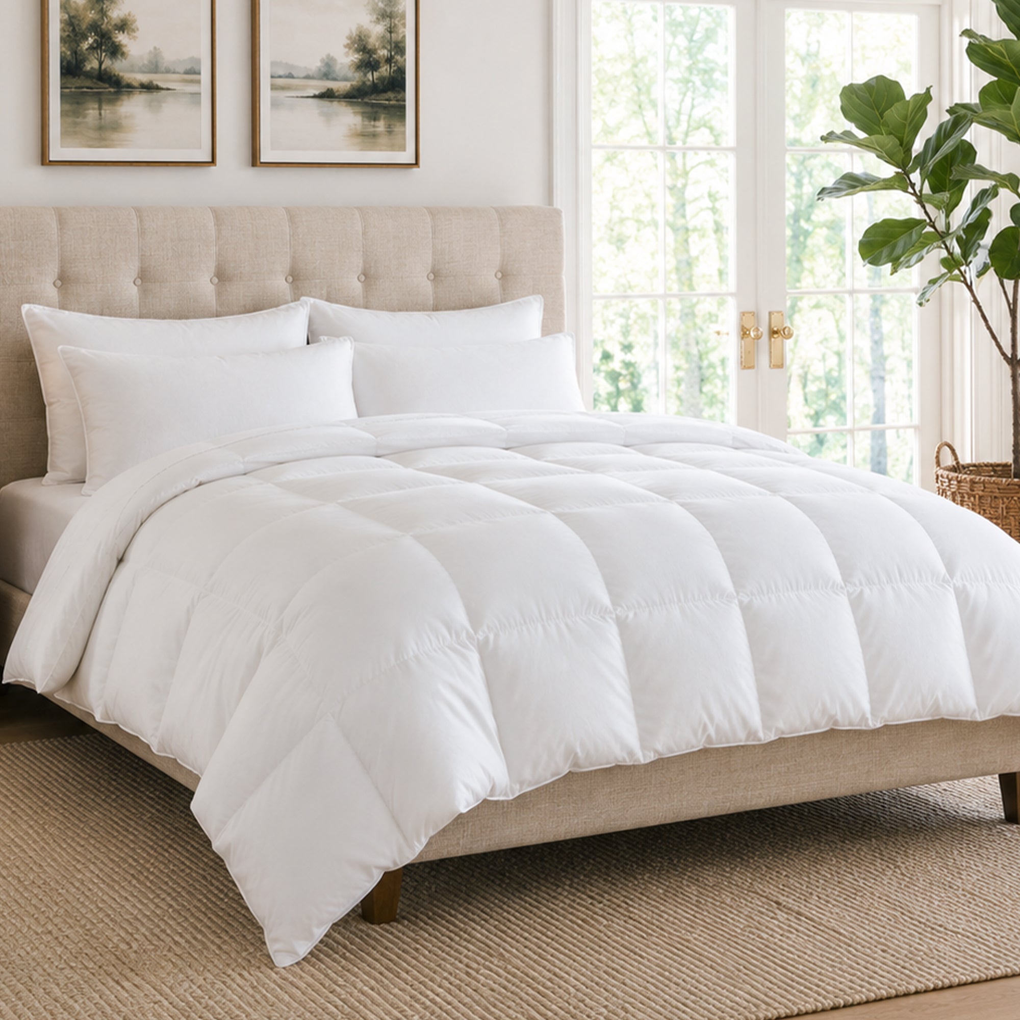 White comforter on a bed in a bright bedroom with large windows.
