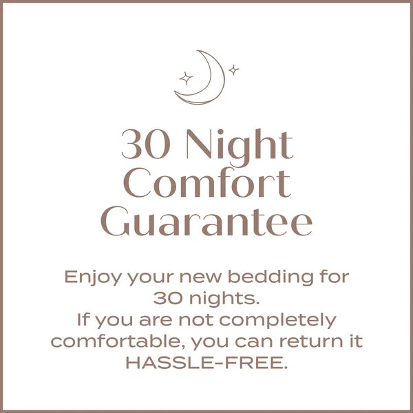Text of 30 Night Comfort Guarantee with a moon and star icon on a light pink background