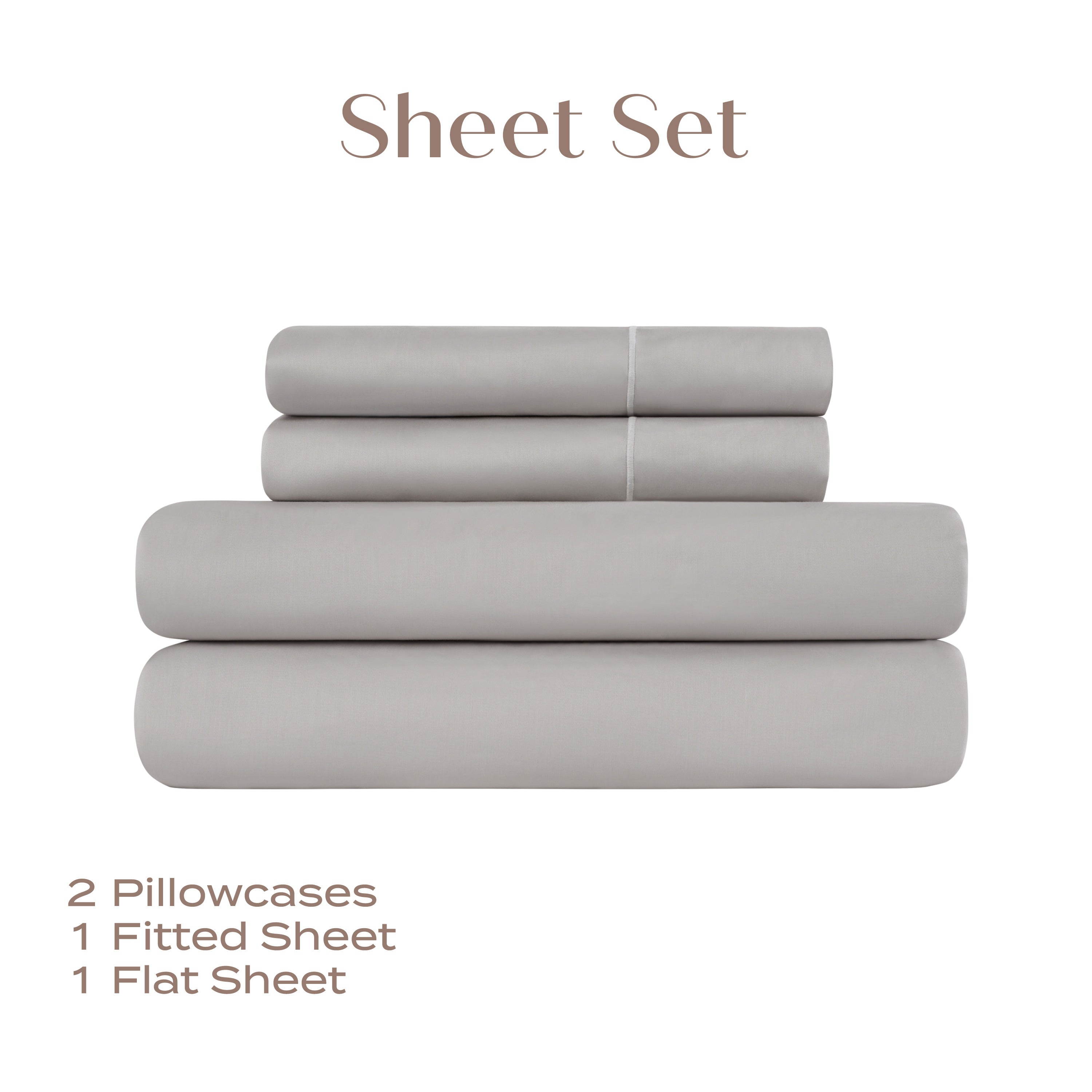 Lunar Rock sheet set with two pillowcases, one fitted sheet, and one flat sheet on a white background.