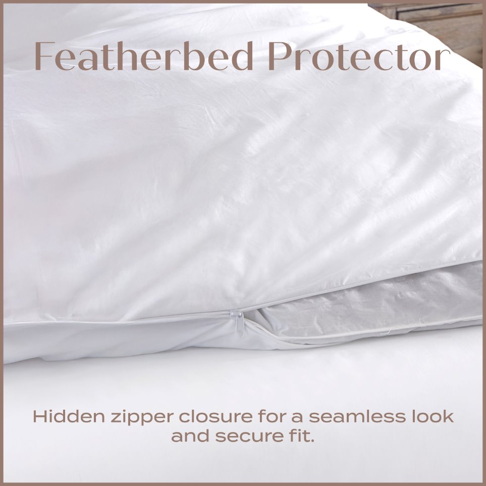 White featherbed protector with text on a neutral background