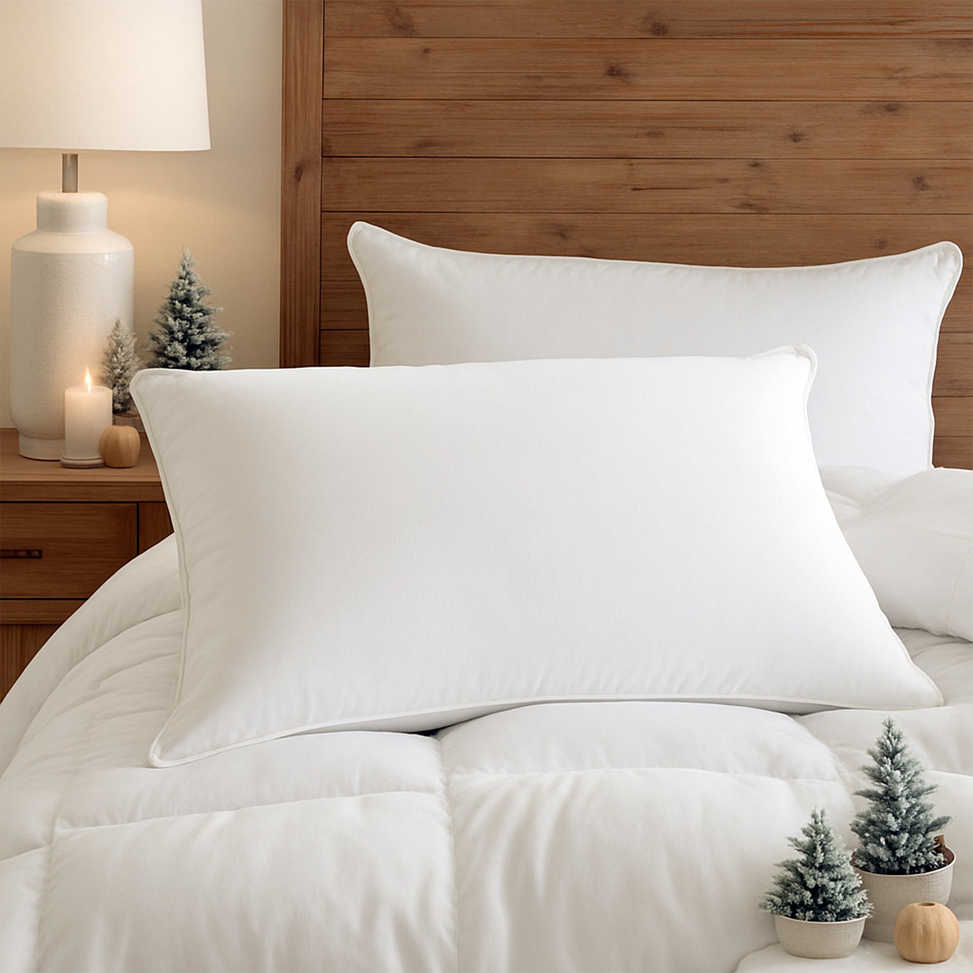 White pillows on a bed with a wooden headboard and decorative elements.