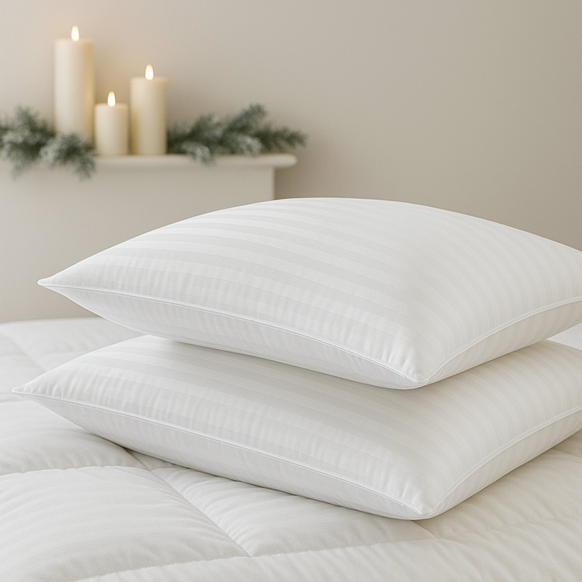 Two white Boutique pillows on a bed with candles and greenery in the background