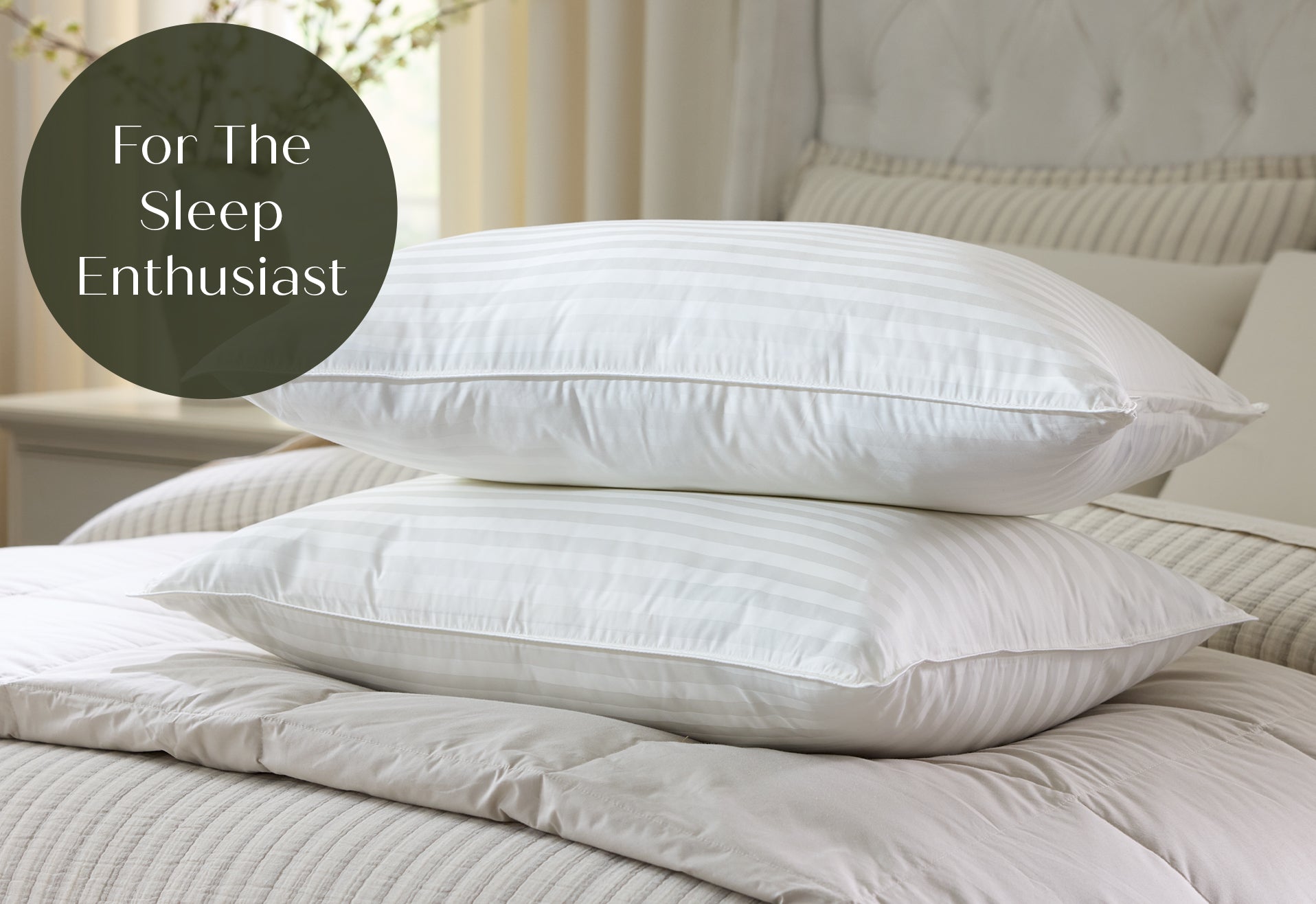 Two white Boutique pillows on a bed with a text overlay 'For The Sleep Enthusiast'.